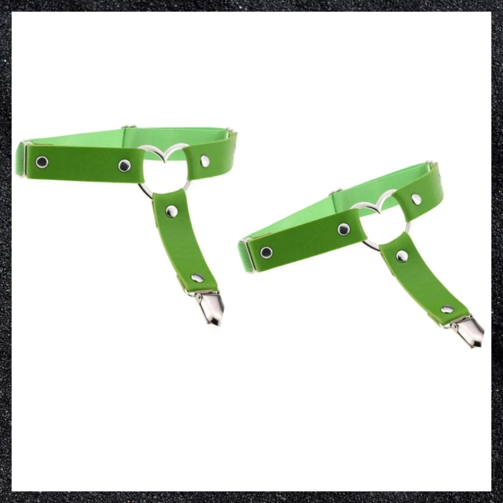Green Studded Heart Leather Thigh Garter Harness Pair Set